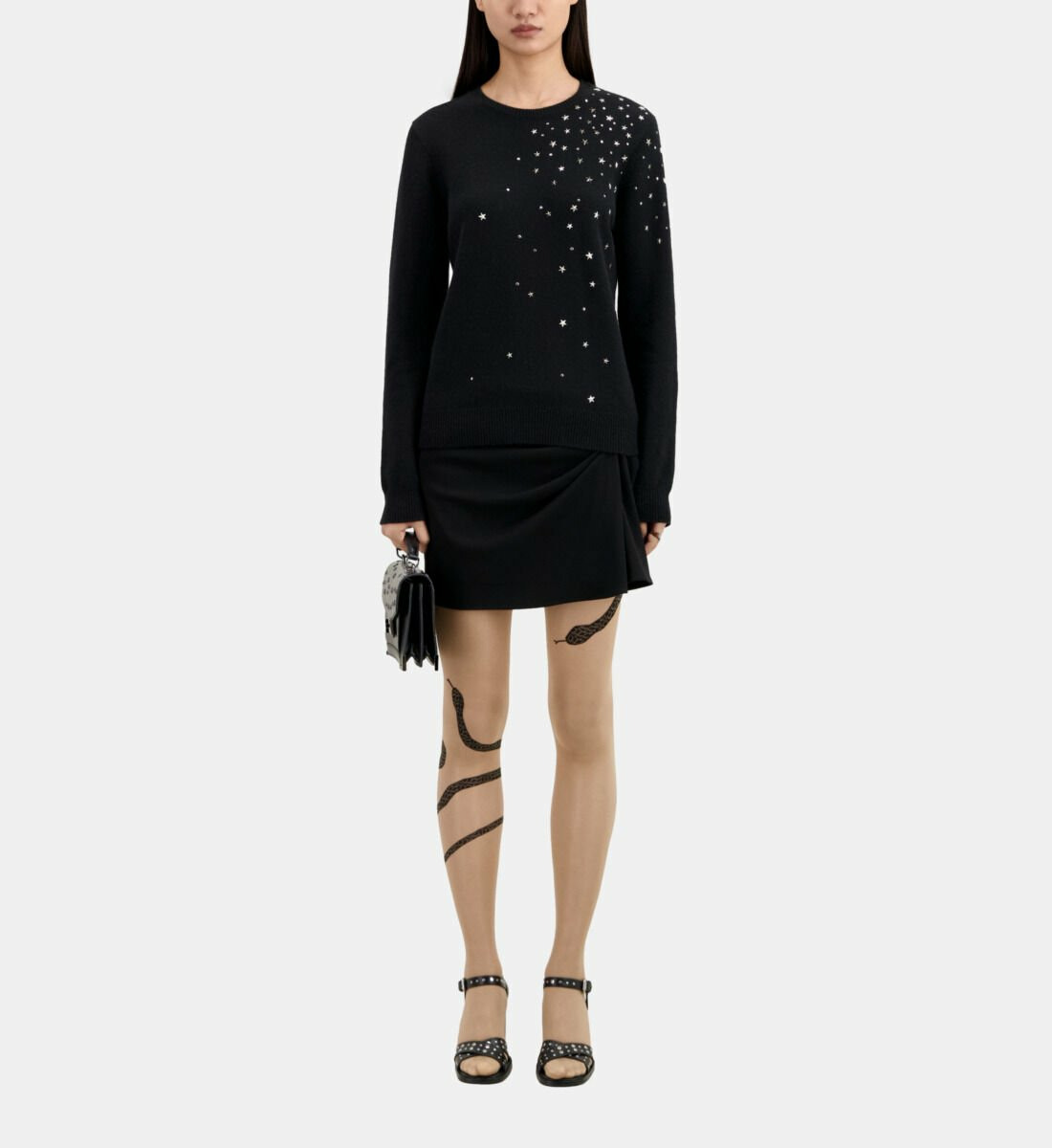 Pull En Cachemire Col Rond Et Pluie D'Etoiles black