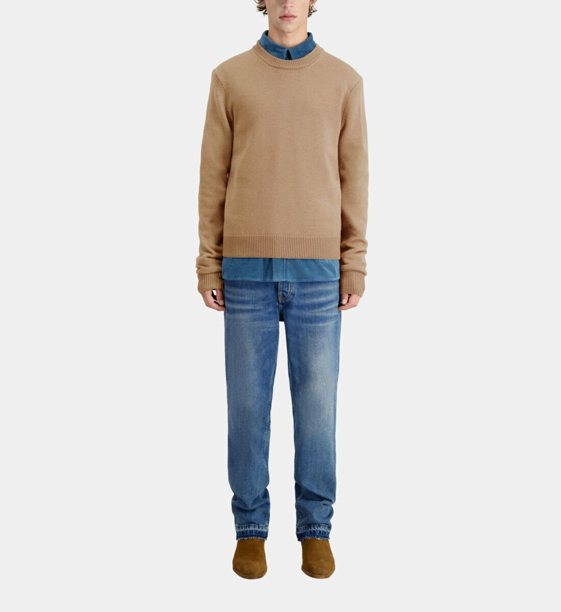 Pull Col Rond En Maille Feutree Et Insertion Cuir brown-beige