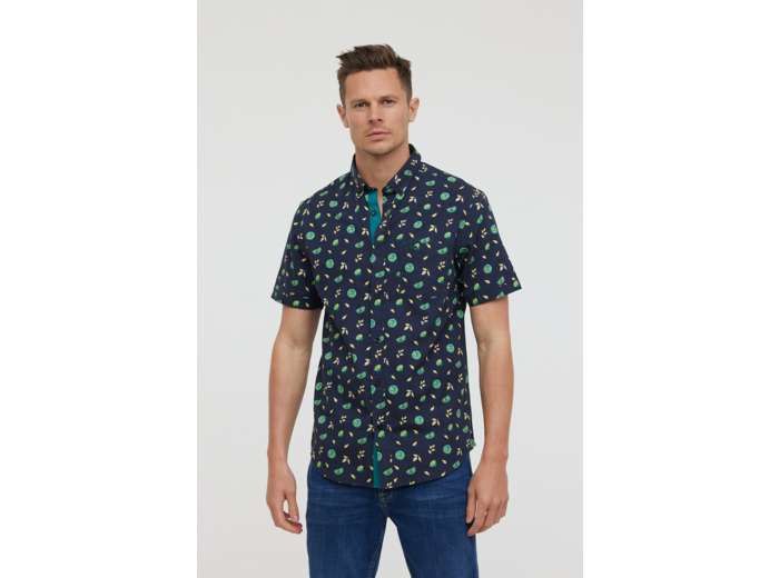 Chemise manches courtes en coton imprimé "Citrons", avec détails contrastés, col boutonné