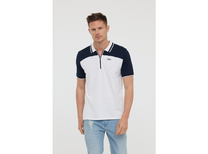 Polo manches courtes zippé avec jeu de découpes et broderie poitrine