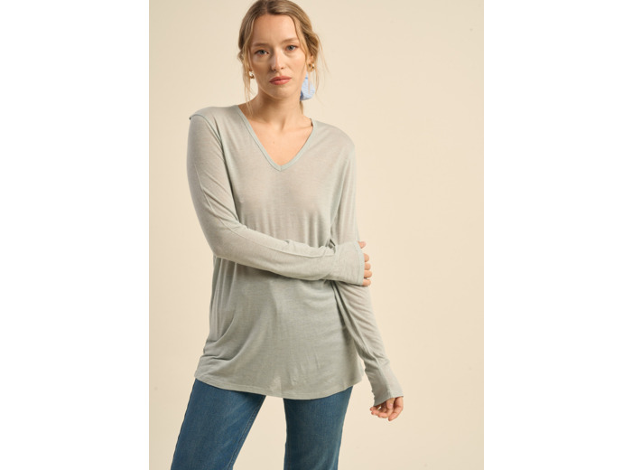 Tee-shirt col V et manches 3/4 en voile de laine