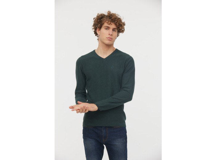 Pull basique col V maille fantaisie en coton bio avec print poitrine