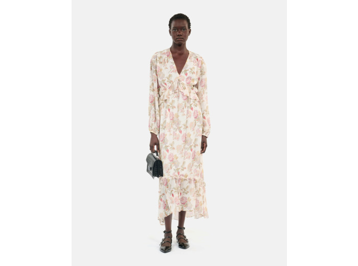 Robe courte imprimée en soie beige / red