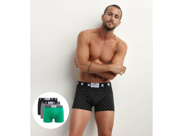 Lot de 3 boxers homme coton stretch à imprimés pois rayures Dim Vibes