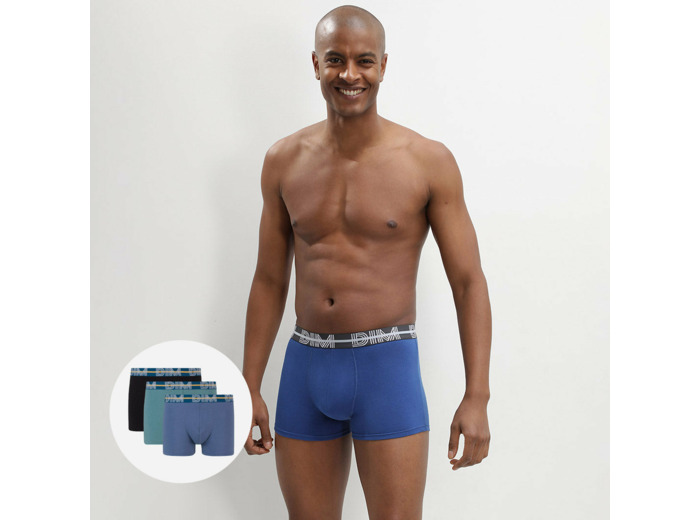 Lot de 3 boxers bleu noir coton stretch ceinture colorée Dim Powerful