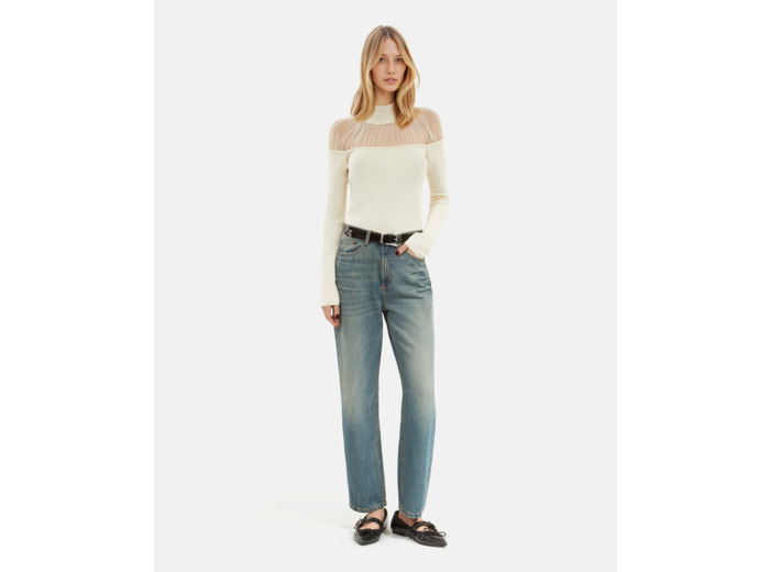 Pull manches longues detail de transparence ecru