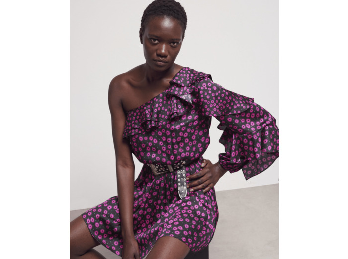 Robe Courte Manche Longue One Shoulder Print Daisy Dots pink