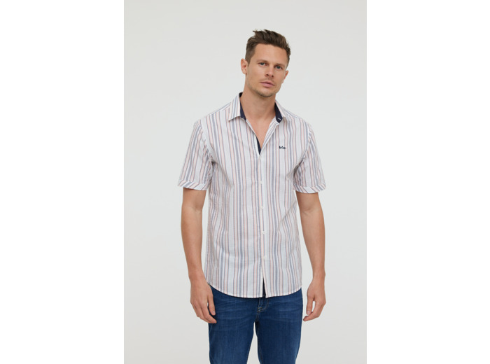 Chemise rayée en tissu seersucker, manches courtes et broderie poitrine