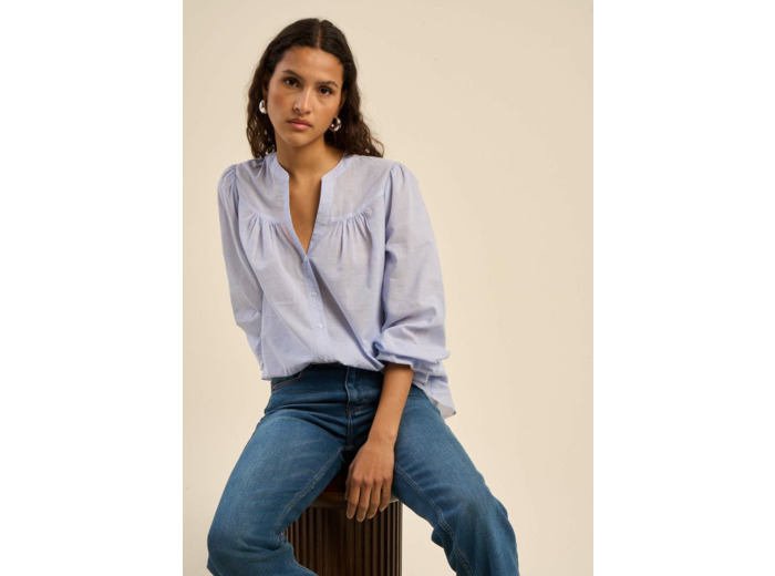 Chemise en coton avec col tunisien et détails froncés