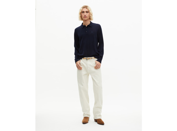 Pull col polo en laine mérinos marine bleu