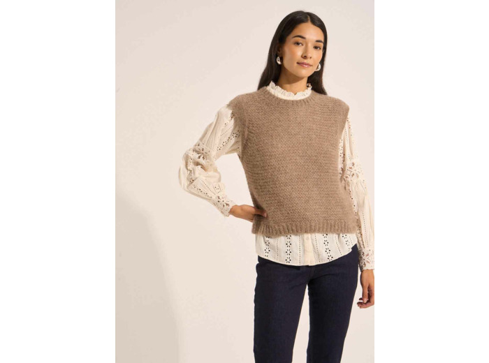 Pull à col rond sans manches détail lurex