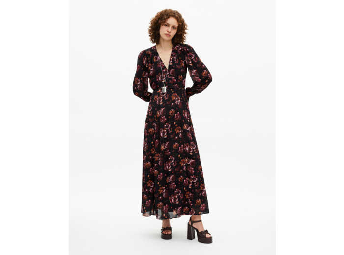 Robe longue imprimé fleuri en soie mélangée bordeaux black