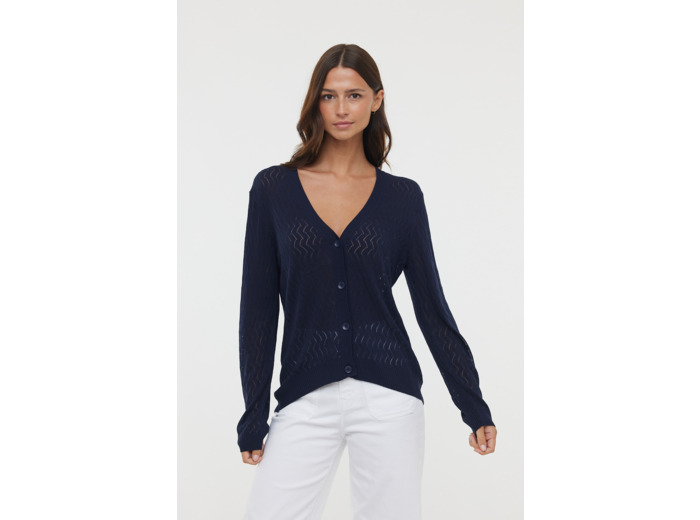 Cardigan en maille ajourée de viscose, col V avec fermeture boutonnée, manches longues