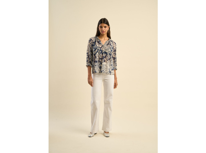 Blouse imprimée floral à col tunisien