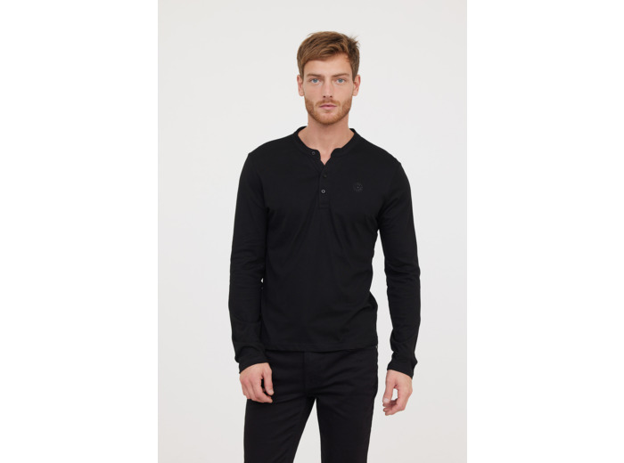 T-shirt Basique col tunisien fantaisie manches longues en coton bio et print poitrine