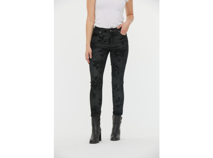 Denim floc velours fleurs slim fit, jambes ajustées, taille medium haute