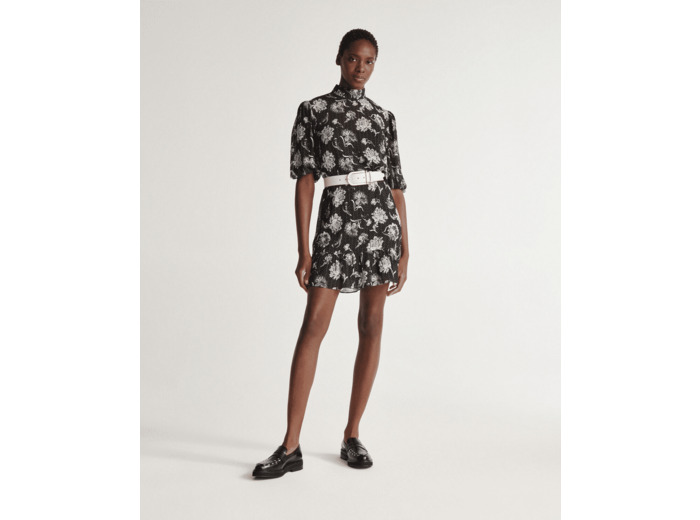 Robe Courte Manches 3/4 Avec Jupe Plissee En Dandy Jacquard