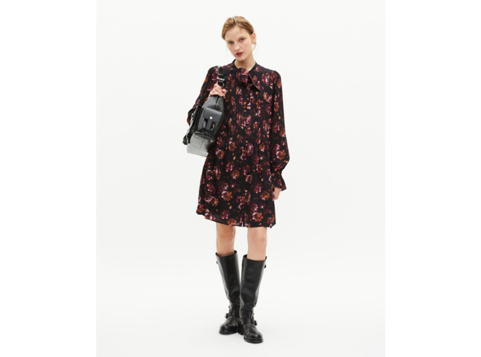 Robe courte imprimé fleuri en soie mélangée bordeaux black