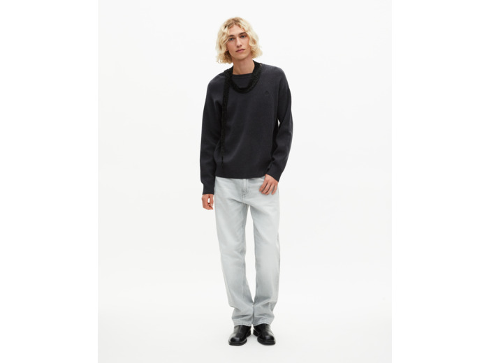 Pull col rond en laine double face gris dark grey melange