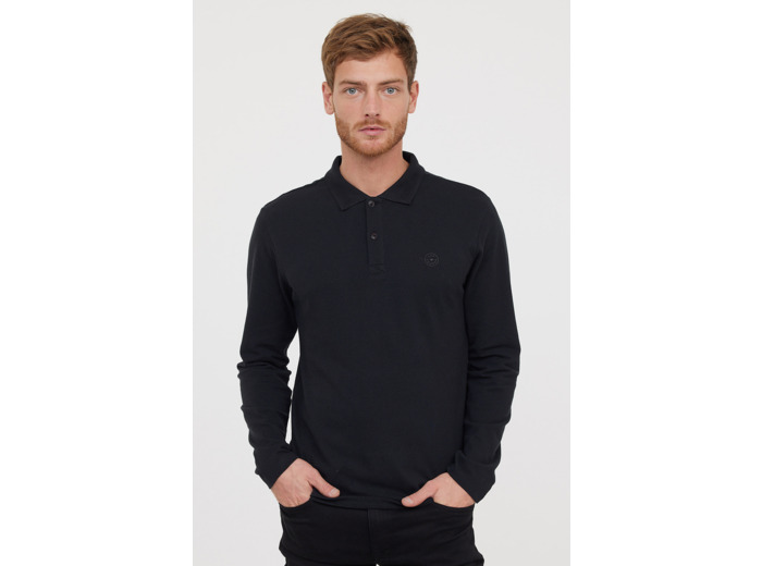 Polo basique manches longues en coton piqué bio, détail col et print poitrine