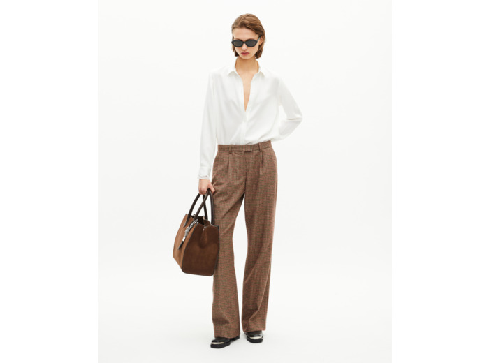 Pantalon tailleur large en pied de poule camel brown