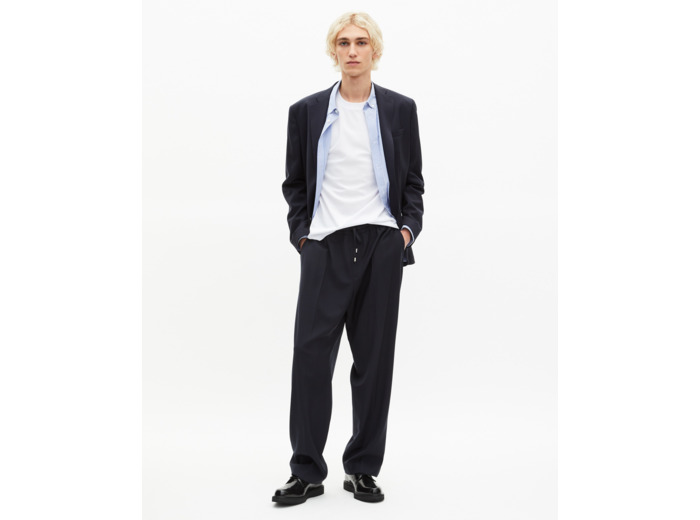 Pantalon élastiqué droit en laine marine bleu