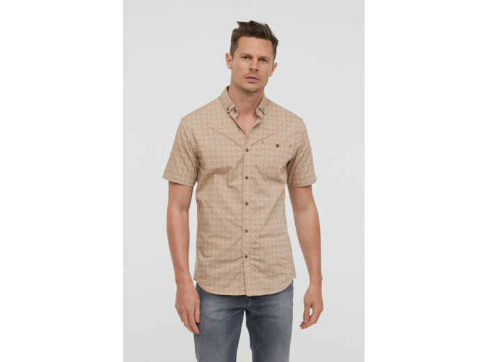 Chemise manches courtes, imprimé petits motifs, avec poche poitrine et broderie