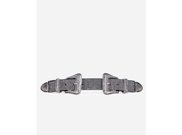 Ceinture En Cuir Avec Strass Et Double Boucle Western antic silver