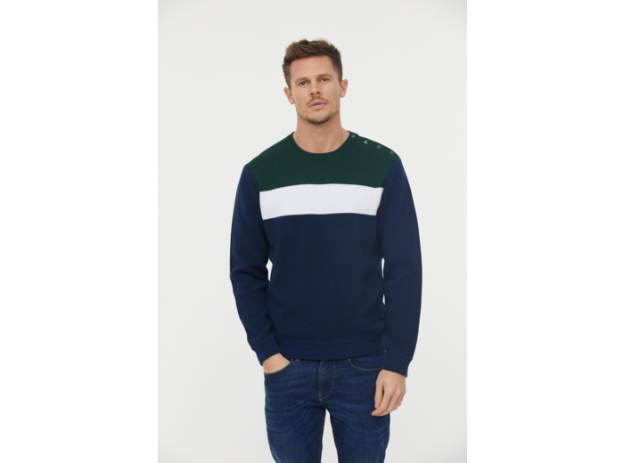 Pull col rond maille fantaisie «color block» avec boutonnage pression épaule