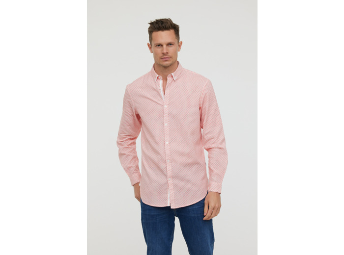 Chemise manches longues en coton/lin, imprimé petits motifs, col boutonné et détails contrastés