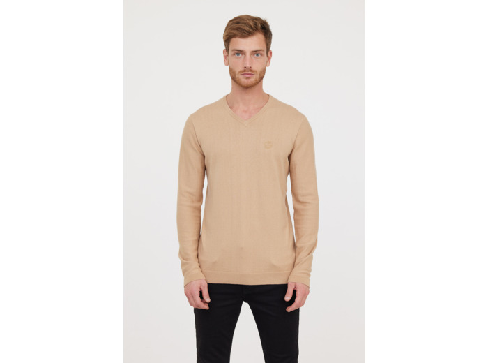 Pull basique col V avec laine recyclée et print poitrine