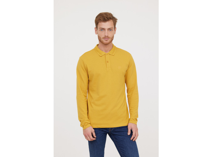 Polo basique manches longues en coton piqué bio, détail col et print poitrine