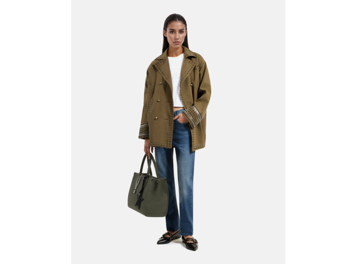 Blouson denim delave avec stud kaki