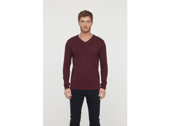 T-shirt basique col V manches longues en coton bio avec print poirtine