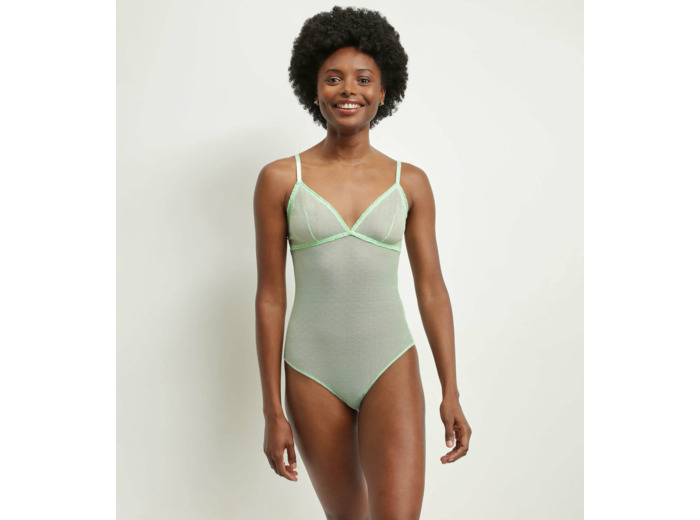 Body femme en tulle transparent Vert et pois lurex Dim Shiny Mesh