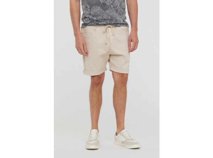 Short straight fit en jog légèrement délavé, taille avec lien de serrage, jambes courtes à revers piqués