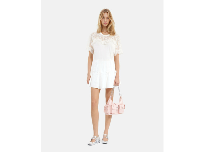 Tee-shirt manches courtes empiecement dentelle ecru