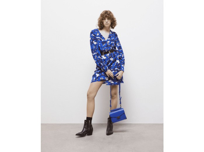 Robe Portefeuille Courte Imprimée En Soie blue
