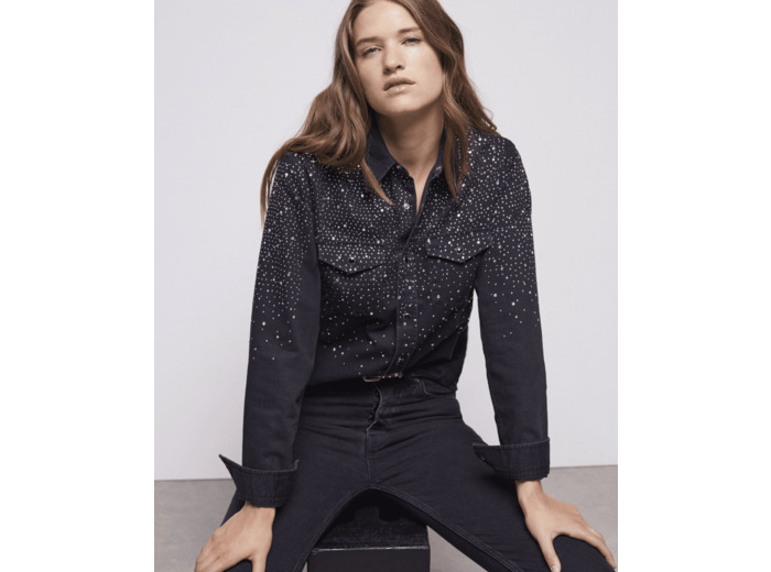 Chemise Western Black Denim Avec Strass noir