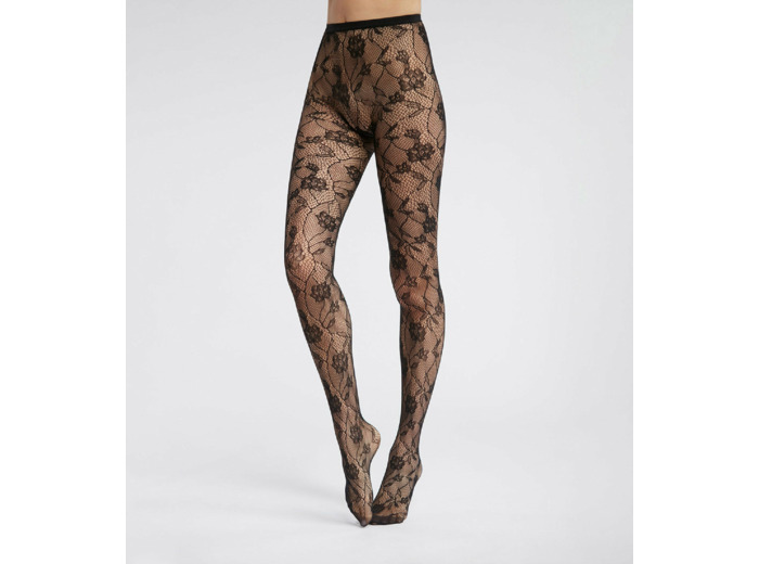 Collant femme en résille et dentelle florale Noir Dim Style