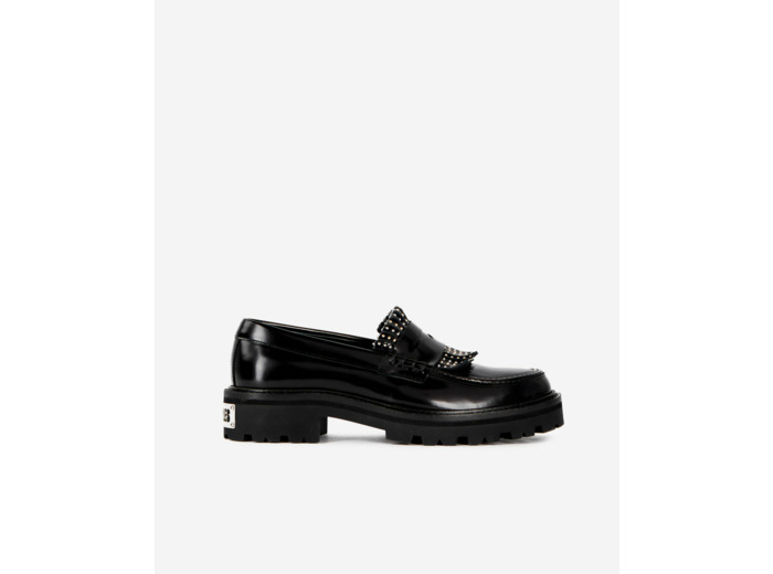 Mocassins en cuir glace a franges avec studs black