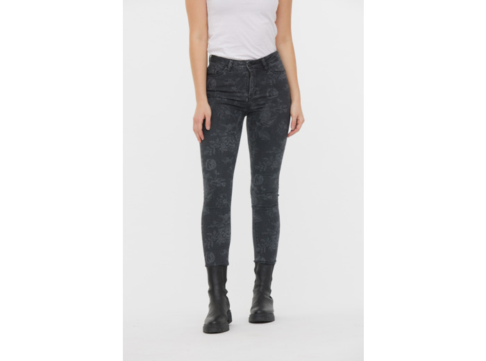 Denim slim fit effet push up allover fleur, jambes ajustées, taille medium haute