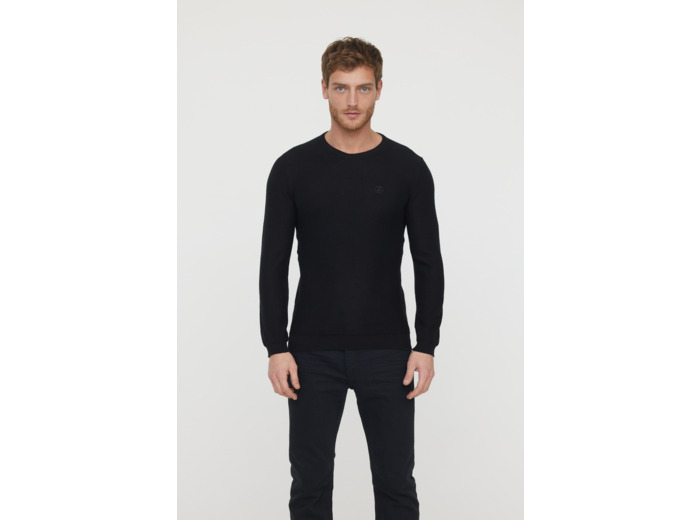 Pull basique col rond maille fantaisie en coton bio avec print poitrine