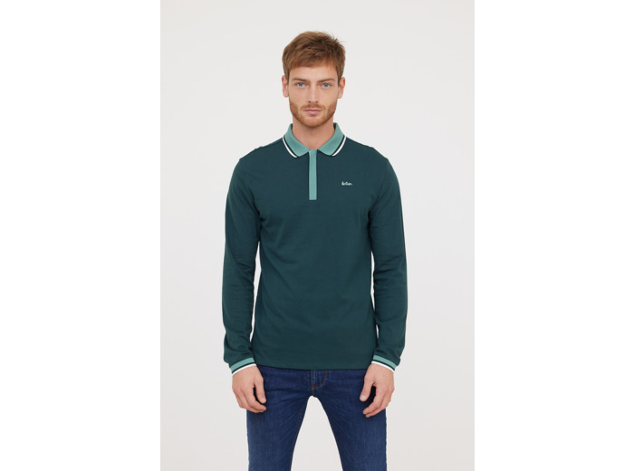 Polo manches longues détails col et poignet zip et broderie poitrine contrastée