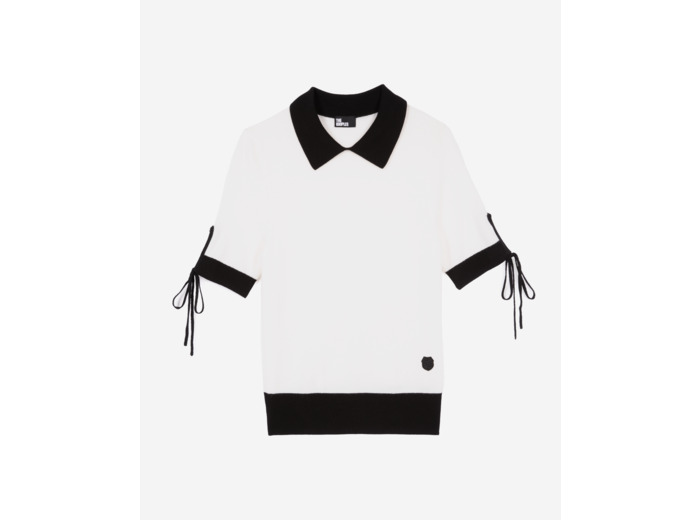 Pull manches courtes en laine écru black-ecru