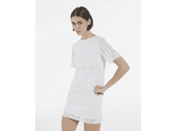 Robe courte manches courtes flower embroidery white