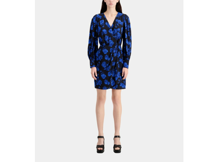 Robe portefeuille courte imprimée en soie black blue