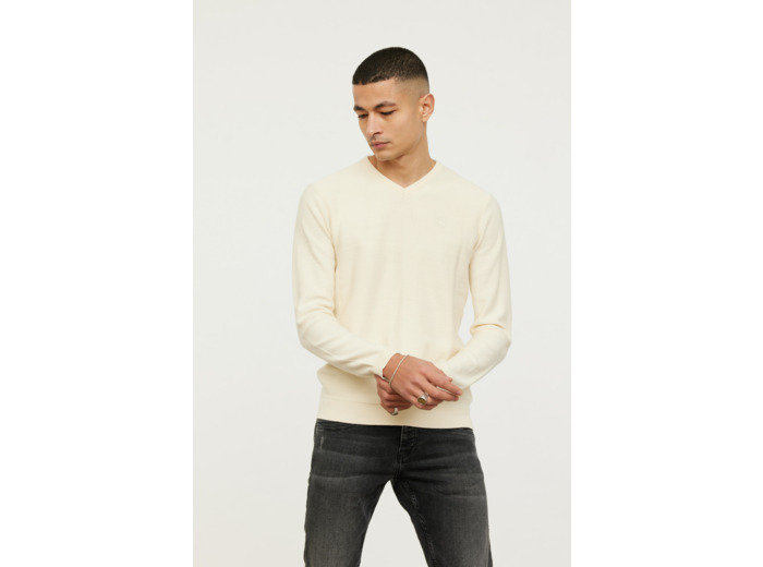 Pull basique col V maille fantaisie en coton bio avec print poitrine