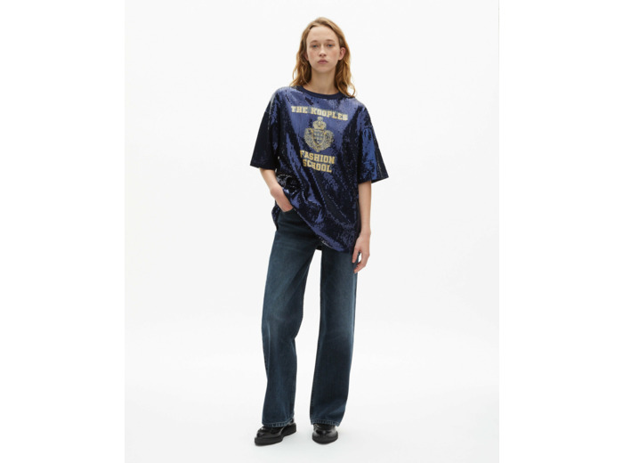 T-shirt manches courtes a sequins et print dark navy