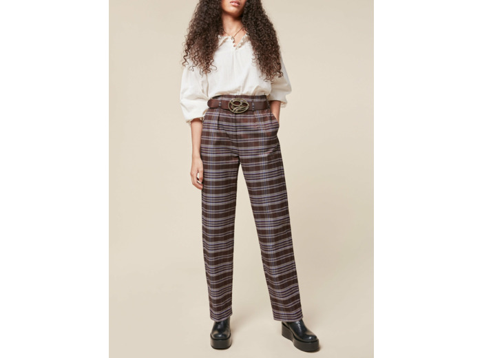 Pantalon large carreaux marron